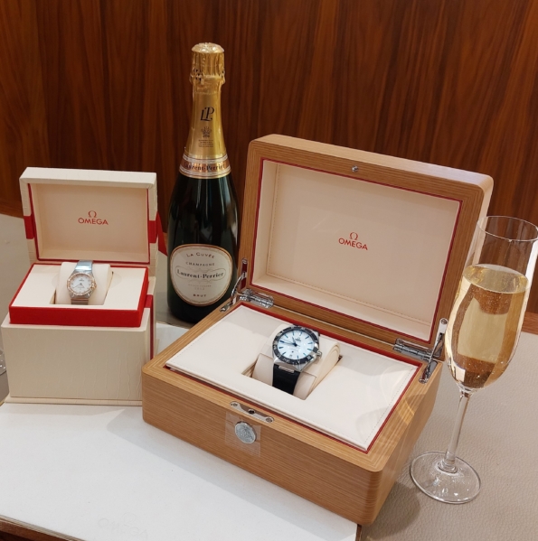 Eldon Square Newcastle, Goldsmiths Omega Watches Display with Champagne