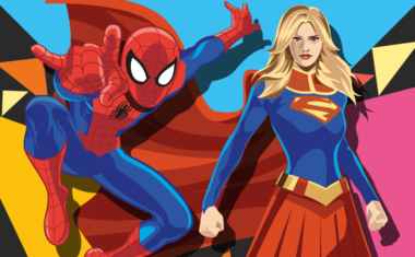 Superhero fun day poster with Spiderman and Supergirl