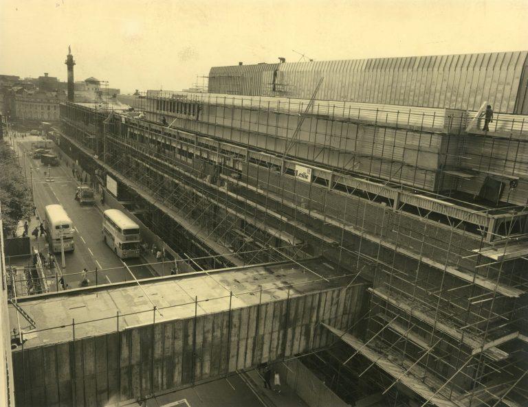 Construction of the Eldon Square bridge over Blackett Street, c.–1975.